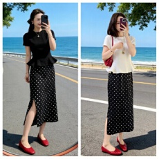 批发2026夏季新款莫代尔舒适柔软纯色宽松圆领T恤+A字显瘦高腰波点裙