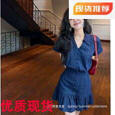 批发张阿星蓝调笔记藏青色miu系立体<b class='q'>提花</b>少女感减龄法式收腰连衣