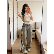 批发2026夏季新款辣妹气质修身<b class='q'>背心</b>上衣假两件<b class='q'>牛仔</b>休闲阔腿长裤女