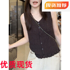 批发花边v领<b class='q'>镂空</b>无袖针织背心女夏季2026年新款韩系外穿短款上衣