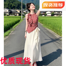 批发日系复古红格纹无袖挂脖背心女夏外穿2026新款独特漂亮巨好看上衣