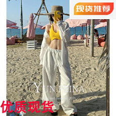 批发老钱度假风白色休闲亚麻衬衫套装女春夏防晒衣阔腿裤两件套松弛感