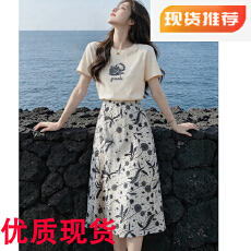 批发简约通勤肌理感印花裙套夏款圆领短袖半身裙休闲套装女
