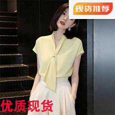 批发法式温柔风V领短袖飘带衬衫女2026春季新款<b class='q'>职业</b>通勤百搭气质上衣