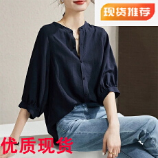 批发五分<b class='q'>袖</b>衬衫女2026夏季新款复古宽松立领衬衣百搭休闲短<b class='q'>袖</b><b class='q'>上衣</b>