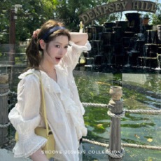批发Siiooye清水系look 75天丝亚麻荷叶领中袖衬衣衬衫<b class='q'>蕾丝衫</b>休闲上衣