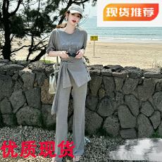 批发Wu11原创百搭圆领宽松短袖T恤+腰封+高腰裤时尚三件套