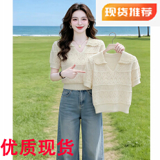 批发<b class='q'>甜美</b>钩花镂空娃娃领短袖T恤女夏季薄款设计感冰丝短款针织衫上衣