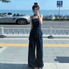 批发港风复古不规则褶皱吊带上衣高腰阔腿裤两件套女夏季时尚牛仔套装