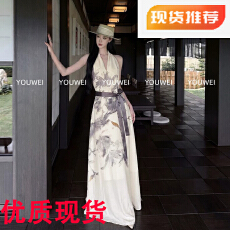 批发有洧Youwe 2026巨好看连衣裙女夏新中式V领挂脖无袖<b class='q'>背心</b>裙子<b class='q'>长裙</b>