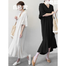 批发韩版女装新款宽松大码中袖V领棉麻连衣裙夏文艺长款<b class='q'>亚麻</b>衬衫裙子