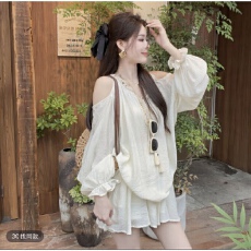 批发晓溪服饰韩系露肩气质宽松慵懒<b class='q'>长</b>袖显瘦衬衫<b class='q'>裙裤</b>时尚套装2325
