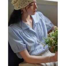 批发法式蓝色泡泡袖衬衫女夏季2026新款宽松翻领短袖<b class='q'>上衣</b>