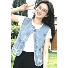 批发夏季新款宽松圆领独特气质叠穿外搭坎肩马甲蓝色黑蓝两色