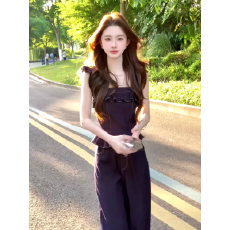 批发西恩<b class='q'>定制</b>●嗲系少女甜美原牛木耳边上衣+阔腿裤套装