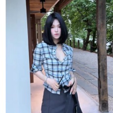 批发JIUJIU&FS“淡颜天菜”格纹衬衫收腰法式小众气质夏季短袖显瘦衬