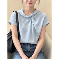 批发法式蓝色<b class='q'>立领</b>褶皱短袖<b class='q'>衬衫女</b>士2026夏季新款巨好看设计感通勤上衣