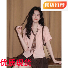 批发粉色V领短袖衬衫女<b class='q'>夏</b>季2026新款气质巨好看丝巾领带衬衣独特上衣