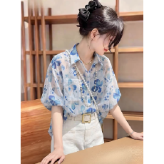 批发碎花短袖雪纺衫防晒<b class='q'>衬衫</b>女夏季新款轻薄款洋气漂亮高级感小衫上衣