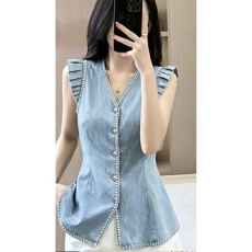 批发夏季新款时尚穿搭高级感休闲<b class='q'>百搭</b>V领花边无袖牛仔衬衣