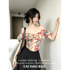 批发Xxiiuu油画来信法式小衫碎花鱼骨一字肩上衣女夏雪纺衫<b class='q'>上装</b>