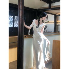 批发从一时刻夏深氛围感晕染提花连衣裙女荷叶边收腰显瘦鱼尾长裙