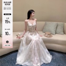 批发JAYKY YANG白梨香榭 Jayky私服线蕾丝提花拼纱掐腰吊带连衣裙