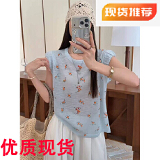 批发夏季女士碎花薄款上衣设计感小众女款冰丝针织短袖女t恤2026新款