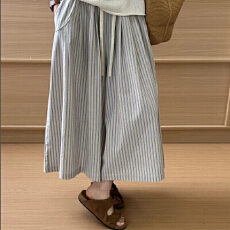 批发竖条纹裤子女夏薄款宽松休闲直筒长裤高腰松紧抽绳<b class='q'>百搭</b><b class='q'>运动</b>阔腿裤