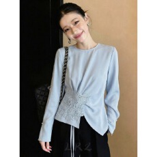 批发欧货高级感轻奢减龄蓝色<b class='q'>长袖</b>女春季新款蕾丝拼接收腰时尚百搭上衣
