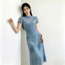 批发新中式盘扣水滴领国风改良版旗袍收腰显瘦2026新款短袖连衣裙<b class='q'>男</b>女