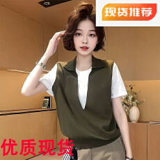 批发Polo领拼接假两件短袖T恤2026夏季大码<b class='q'>胖</b>MM<b class='q'>百搭</b>显瘦宽松女士上衣