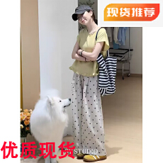 批发套装夏女2026新款休闲宽松圆领短袖衬衫韩系复古波点阔腿<b class='q'>裤</b><b class='q'>两件套</b>