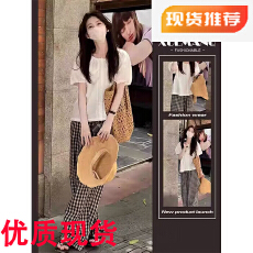 批发夏日穿搭套装设计感时尚蕾丝衬衫气质阔腿显瘦格子休闲裤两件套女