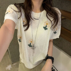 批发小花刺绣泡泡袖冰丝针织衫女欧洲站2026春装新款欧货女装<b class='q'>打底衫</b>潮