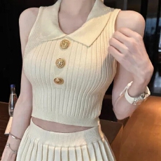 批发小香风POLO领冰丝针织背心<b class='q'>女</b>夏季薄款修身显瘦辣妹外穿无袖短上衣