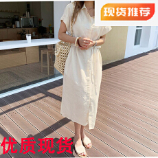 批发纯色韩版宽松单排扣系带腰带亚麻长款<b class='q'>连衣裙</b>衬衫有口袋配腰带