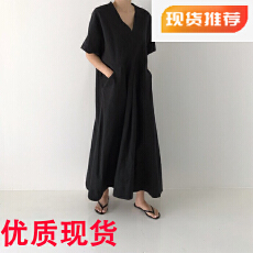 批发日韩夏季新街宽松慵懒大口袋 复古麻感V领<b class='q'>连衣裙</b>女两侧有口袋