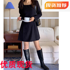 批发韩国东大门秋新款方领收腰纯色中长款<b class='q'>连衣裙</b>短裙