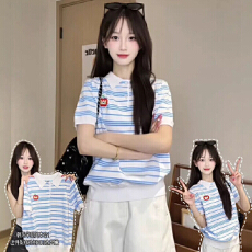 批发条纹POLO领短袖<b class='q'>针织衫</b>女夏季薄款小众设计感显瘦学院风短款上衣潮
