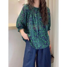 批发复古印花灯笼袖天丝衬衫女欧洲站2025夏装<b class='q'>新款</b>欧货女装洋气<b class='q'>小衫</b>