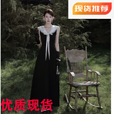 无艳一禾苏黎赫本复古千金气质撞色翻领收腰无袖长短款连衣裙