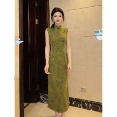 批发夏季新中式国风改良旗袍<b class='q'>高端</b>大气上档次绝美不撞款绿色印花<b class='q'>连衣裙</b>