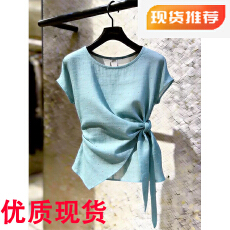 批发法式温柔风蓝色<b class='q'>短</b>袖上衣女设计感系带收腰气质衬衫超好看时尚2026
