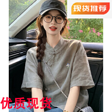 批发新中式国风高端女上衣茶灰色鸢尾花棉麻短袖<b class='q'>t</b><b class='q'>恤</b>夏年轻版改良唐装