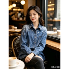 批发春秋夏款女装法式清新休闲棉质蓝色翻领仿珍珠装饰<b class='q'>牛仔</b>衬衫