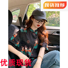 批发新中式国风黑色小唐人短袖<b class='q'>t</b><b class='q'>恤</b>女夏季斜襟盘扣改良唐装年轻版上衣
