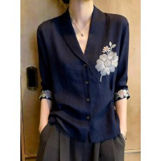 批发2026年<b class='q'>夏</b>季新品女装藏蓝色上衣系带印花修身显瘦百搭舒适中式短袖