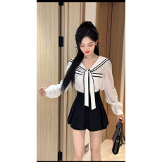 批发MM法式飘带海军领<b class='q'>衬衫女</b>秋季新款减龄别致长袖上衣