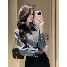 批发气质知性灰色金属扣翻领<b class='q'>衬衫</b>长袖女款春季新款轻职业通勤百搭上衣